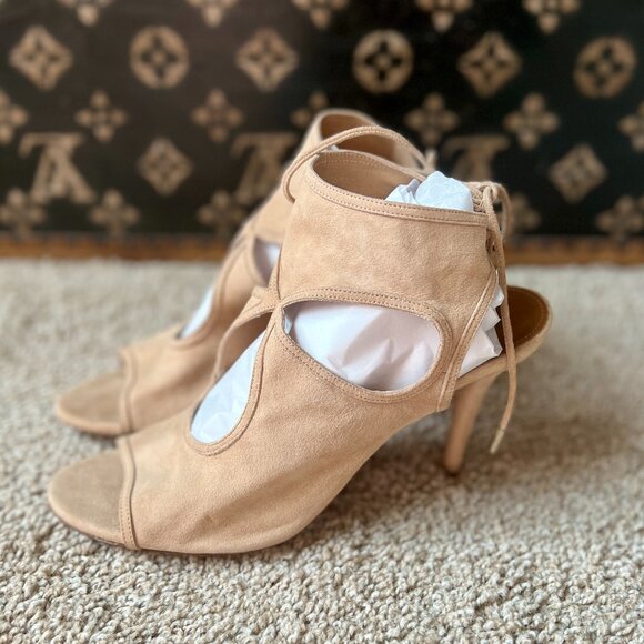 Aquazzura Suede Nude 'Sexy Thing' Heels Tie Ankle Booties, ASO Olivia Palermo - Picture 3 of 8